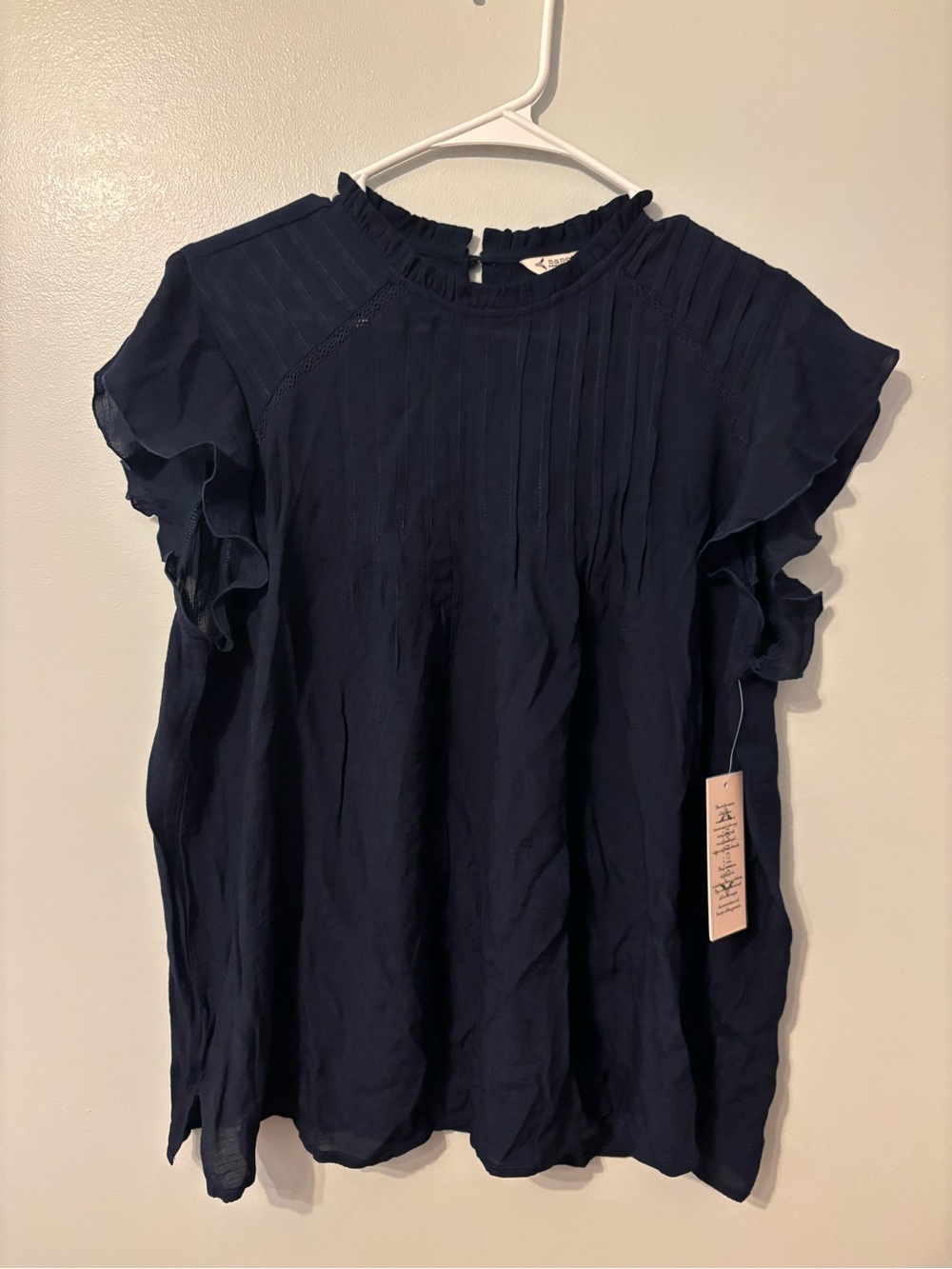 Nanette Lepore Navy Pintuck Ruffle Sleeve Blouse